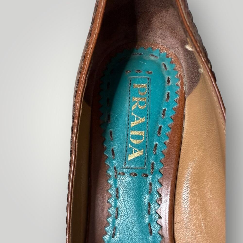 Prada Brown Leather Bow Peep Toe Pumps Heels Size 37.5 Made in Italy - Picture 8 of 14